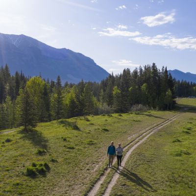 Mature couple walk on trail through grassy meadow